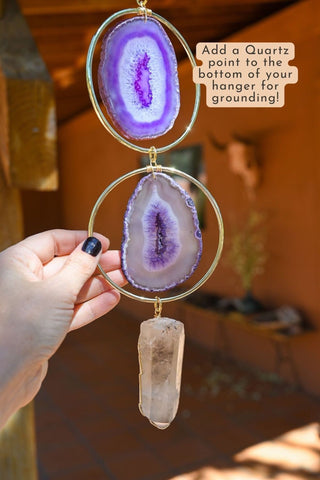 purple agate gemstone gold metal ring hanging