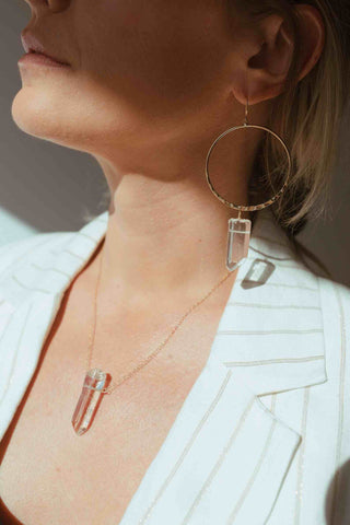 clear quartz gold necklace hoop earring set
