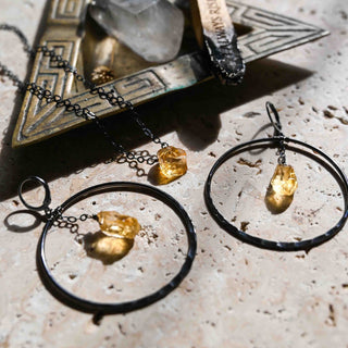 citrine gunmetal hoop necklace set