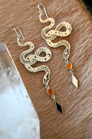 Sacred Skin Carnelian Silver Snake Earrings