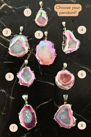 Heart on Fire Pink Agate Druzy Silver Necklace