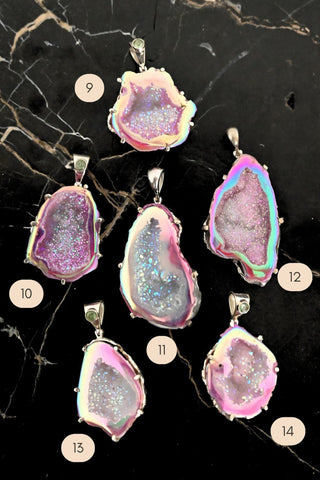 Heart on Fire Pink Agate Druzy Silver Necklace