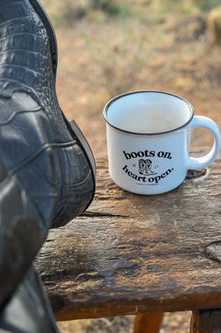 Boots On Heart Open White Camper Mug