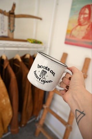 Boots On Heart Open White Camper Mug