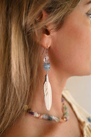 Free To Fly Feather Aquamarine Earrings