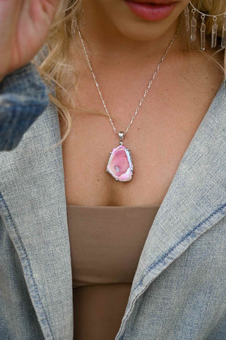 Heart on Fire Pink Agate Druzy Silver Necklace