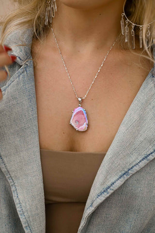 Heart on Fire Pink Agate Druzy Silver Necklace