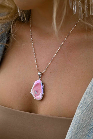 Heart on Fire Pink Agate Druzy Silver Necklace