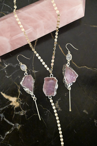 Open Heart Rose Quartz Silver Lariat & Earring Set