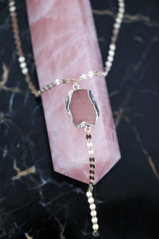 Open Heart Rose Quartz Silver Lariat & Earring Set