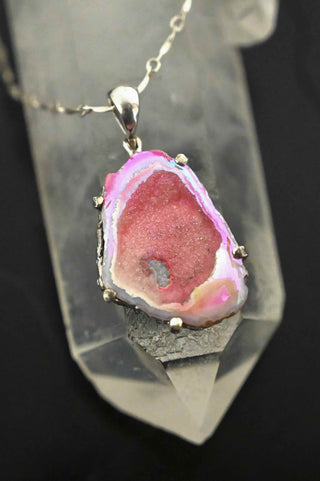 Heart on Fire Pink Agate Druzy Silver Necklace