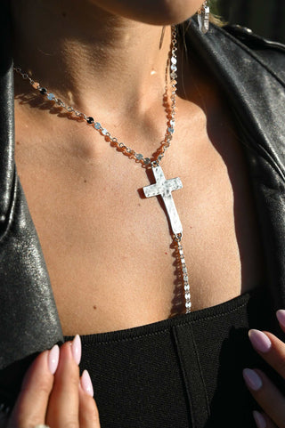 Steady Light Silver Cross Lariat Necklace