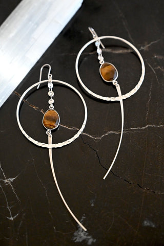 Rooted Warrior Tigers Eye Silver Hoop Earrings