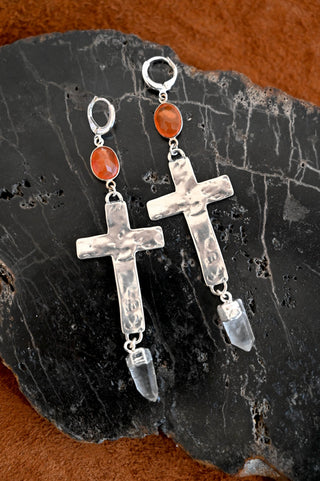 Courage Within Silver Cross Carnelian & Quartz Earrings