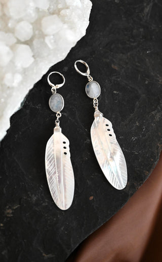 Silver Skies Pearl and Moonstone Feather Earrings