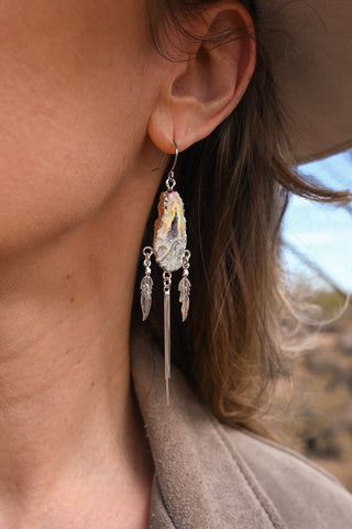 The Rise Aura Agate Silver Feather Earrings