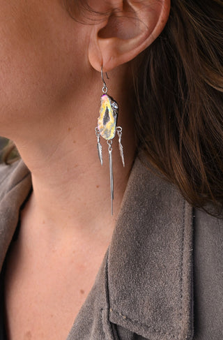 The Rise Aura Agate Silver Feather Earrings