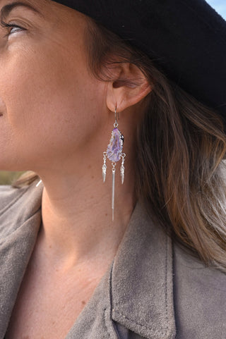 The Rise Aura Agate Silver Feather Earrings