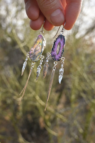 The Rise Aura Agate Silver Feather Earrings