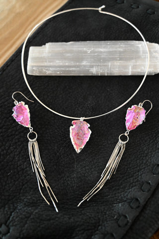 Chasing Light Pink Aura Quartz Silver Jewelry Set