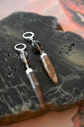 Touching Earth Agate & Smoky Quartz Silver Earrings