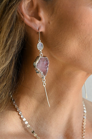 Open Heart Rose Quartz Silver Lariat & Earring Set