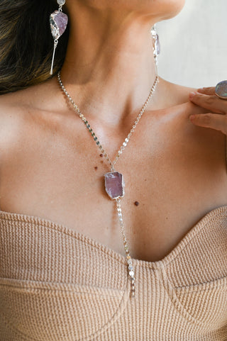 Open Heart Rose Quartz Silver Lariat