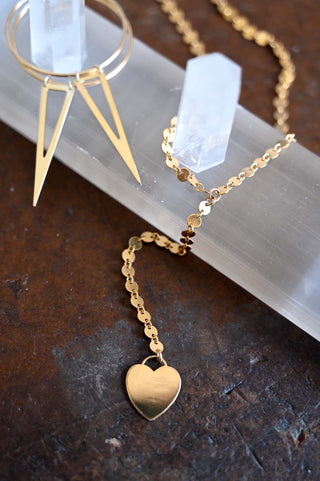 gold heart gold disc chain lariat necklace