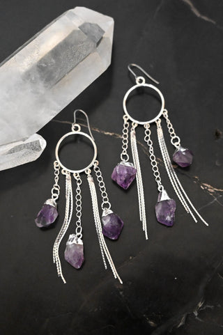 Goddess Frequency Amethyst Silver Chandelier Earrings