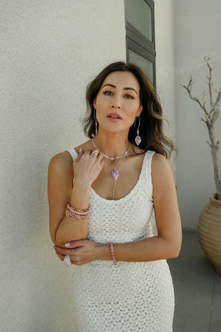 Heart Chakra Aura Rose Quartz Silver Lariat Necklace