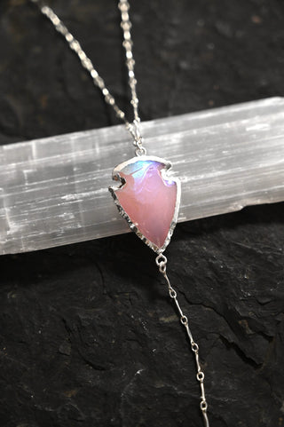 Heart Chakra Aura Rose Quartz Silver Lariat Necklace