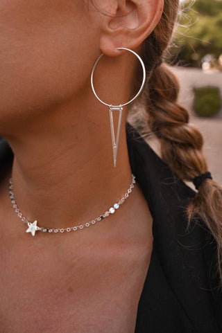 silver hoop silver triangle earrings