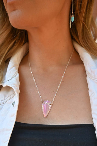 pink aura rose quartz arrowhead crystal pendant silver necklace