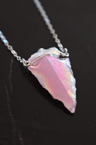 pink aura rose quartz arrowhead crystal pendant silver necklace