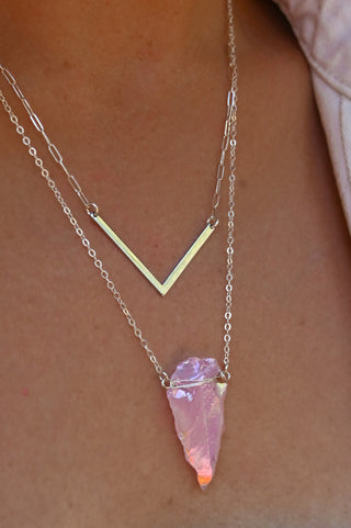 pink aura rose quartz arrowhead crystal pendant silver necklace