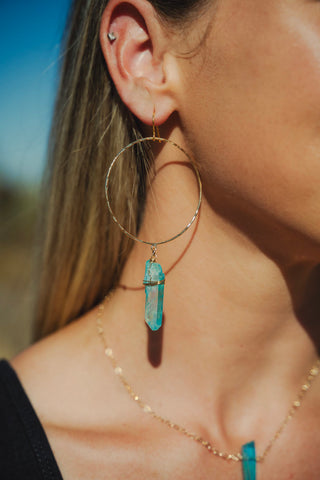 blue aura quartz gold hoop earrings