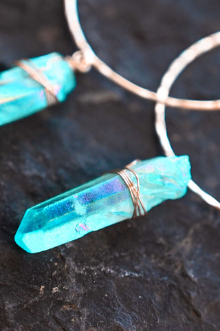 blue aura quartz gold hoop earrings