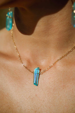 blue aura quartz crystal gold necklace