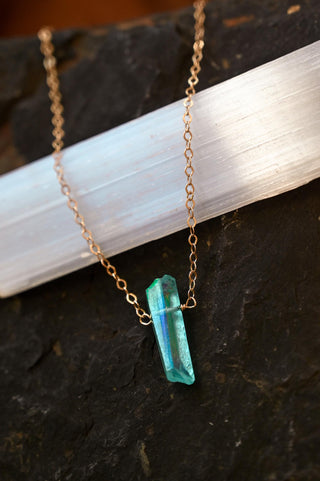 blue aura quartz crystal gold necklace