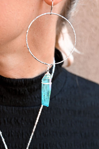 blue aura quartz silver hoop earrings