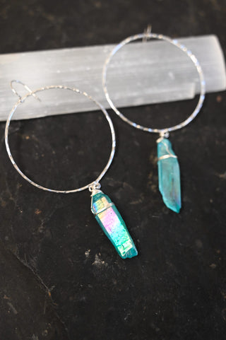 blue aura quartz silver hoop earrings