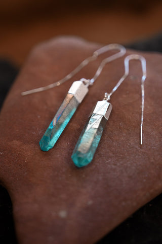 blue aura quartz silver threader earrings