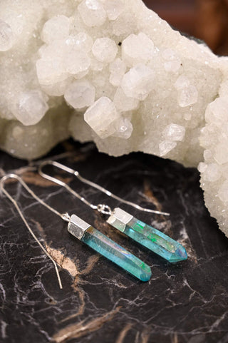 blue aura quartz silver threader earrings