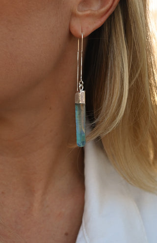 blue aura quartz silver threader earrings