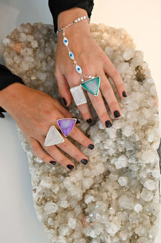 white purple green agate druzy geode sterling silver ring