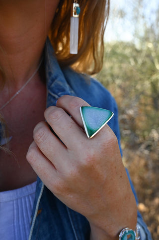 green agate druzy geode triangle sterling silver ring