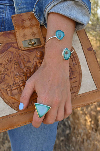 green agate druzy geode triangle sterling silver ring