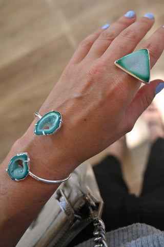 green agate druzy geode triangle sterling silver ring