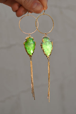 Electric Woman Green Aura Quartz Gold Earrings