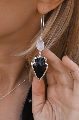 black obsidian arrowhead gemstone moonstone silver dangle earrings